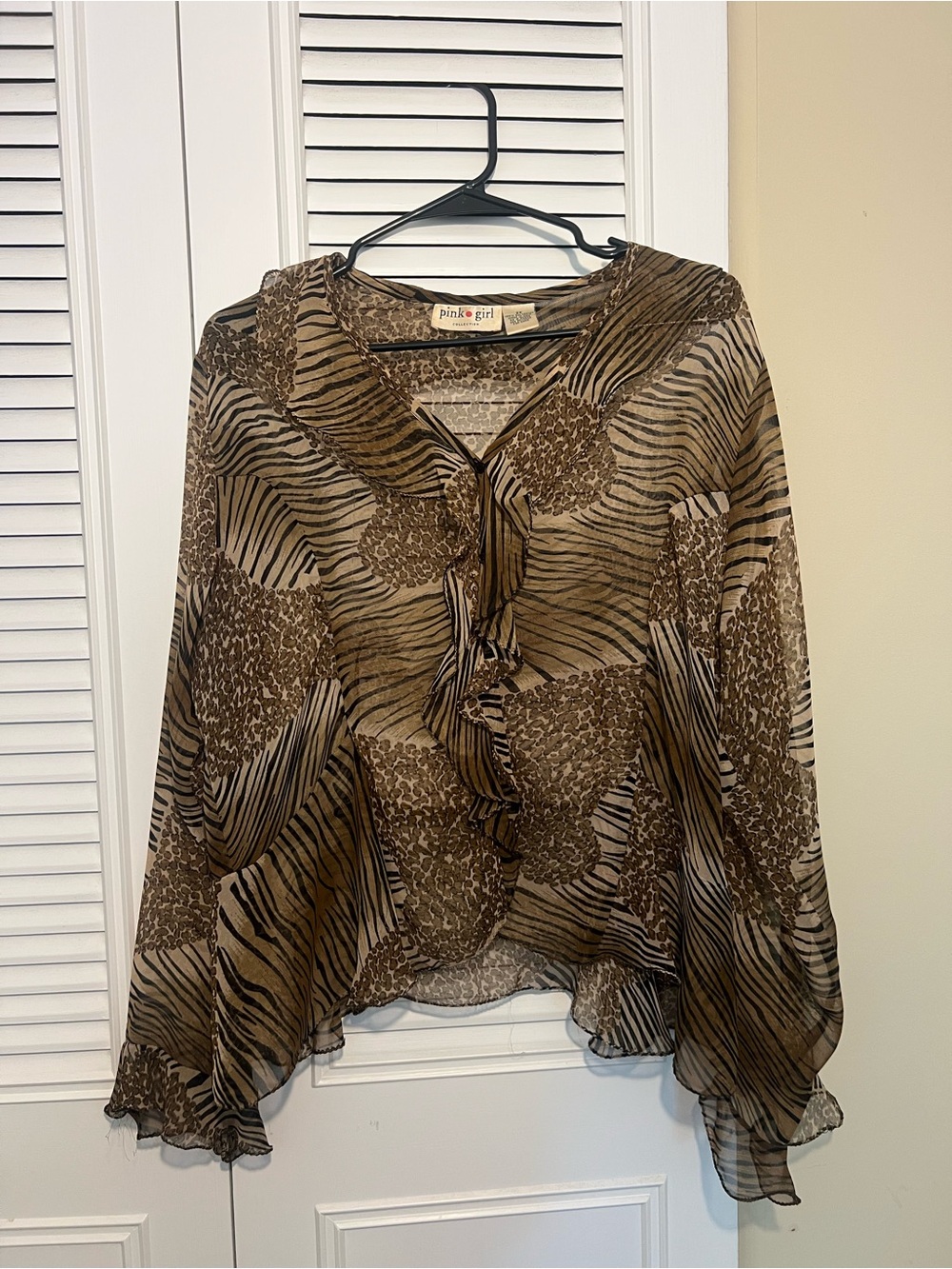 Sheer Y2K Animal Print Leopard Cheetah Print Crinkle Ruffle Blouse